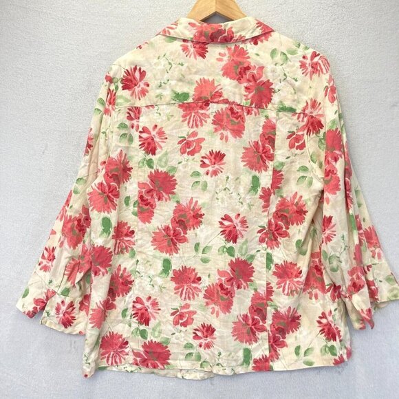 JM Collection 100% Linen Button Up Floral Blouse 18W Pink Easter Bell Sleeve Top - Picture 2 of 13